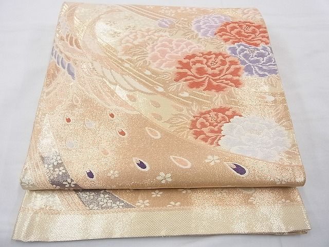 平和屋着物◎佐賀錦 六通柄袋帯 唐織 孔雀牡丹文 金糸 逸品 BAAE5050cm