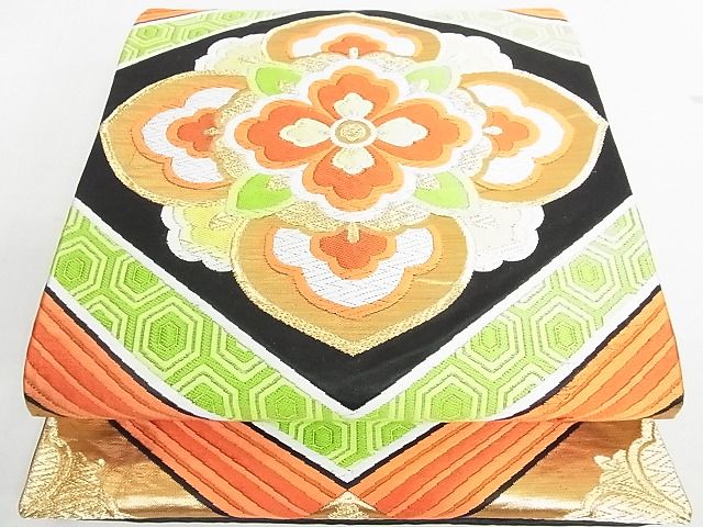 平和屋着物◎六通柄袋帯 唐織 花菱文 黒地 金糸 逸品 DAAE8007sa