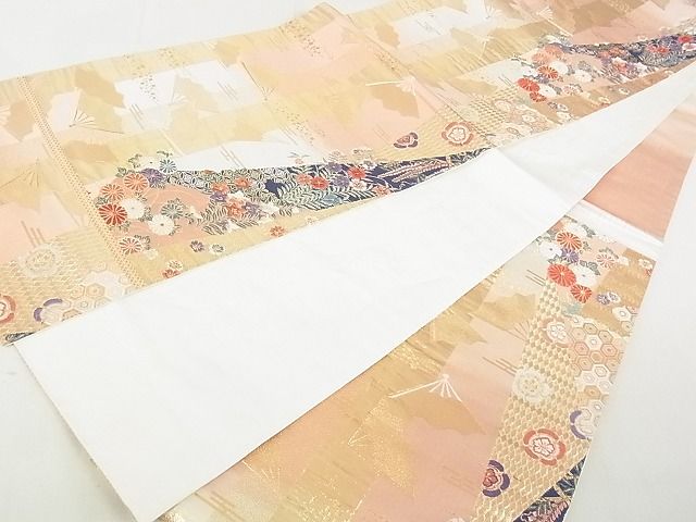 平和屋着物◎六通柄袋帯 格子取花扇文 金糸 逸品 DAAE8037sa