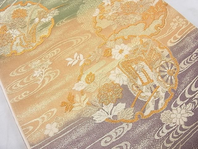 平和屋着物◎六通柄袋帯 唐織 雪輪重ね御所車花文 金糸 逸品 BAAE8641cm