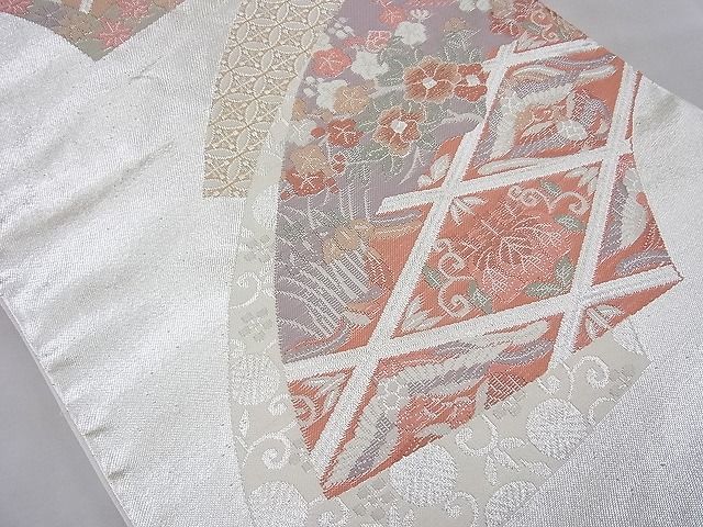 平和屋着物◎六通柄袋帯 唐織 地紙花鳥文 銀糸 逸品 BAAE8657cm
