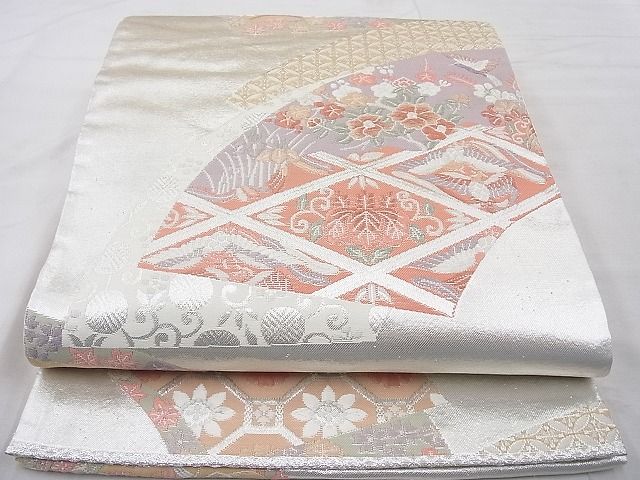 平和屋着物◎六通柄袋帯 唐織 地紙花鳥文 銀糸 逸品 BAAE8657cm