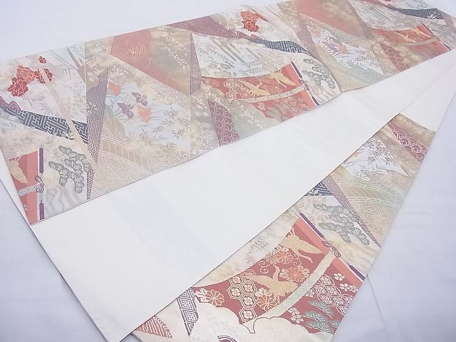 平和屋着物◎六通柄袋帯 飛鶴草花文 金糸 逸品 BAAE8697cm
