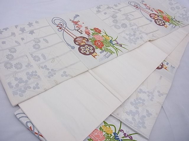 平和屋着物◎六通柄袋帯 唐織 駒刺繍 花車文 金銀糸 逸品 BAAE8696cm
