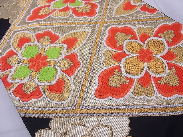 平和屋着物◎六通柄袋帯 唐織 花菱文 黒地 金銀糸 逸品 BAAF5425cm