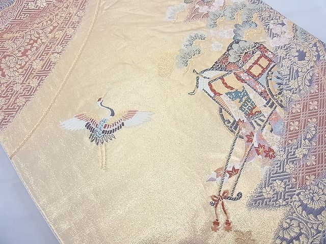 平和屋着物◎六通柄袋帯 唐織 御所車飛鶴花文 金糸 引箔 逸品 BAAF5433cm