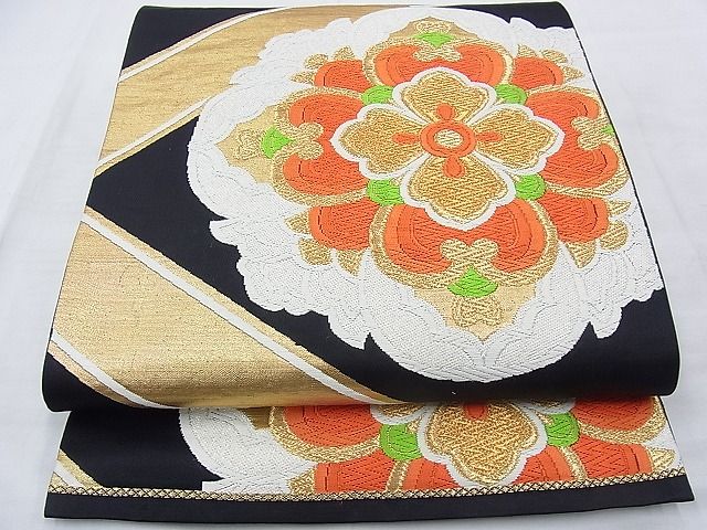 平和屋着物◎六通柄袋帯 唐織 正倉院花文 黒地 金銀糸 逸品 BAAE7626du