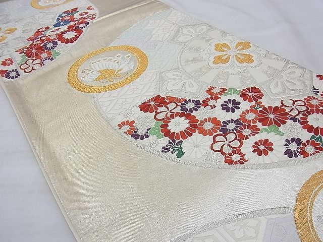 平和屋着物◎六通柄袋帯 唐織 源氏車花鳥文 金銀糸 逸品 BAAE7627du