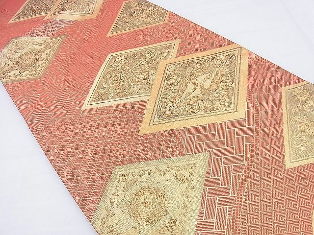 平和屋着物◎佐賀錦 六通柄袋帯 双鶴花菱文 金糸 逸品 BAAF0033th