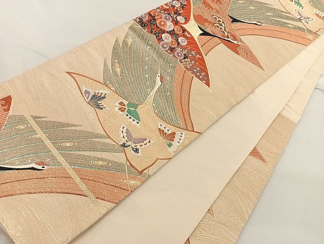 平和屋着物◎六通柄袋帯 唐織 飛鶴花蝶文 金糸 正絹 逸品 AAAG5573Bfw