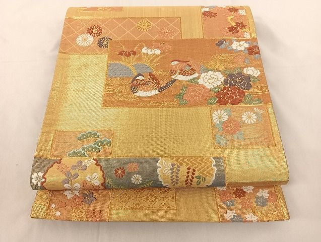 平和屋着物◎六通柄袋帯 唐織 色紙鴛鴦草花文 金銀糸 正絹 逸品 AAAG5575Bfw