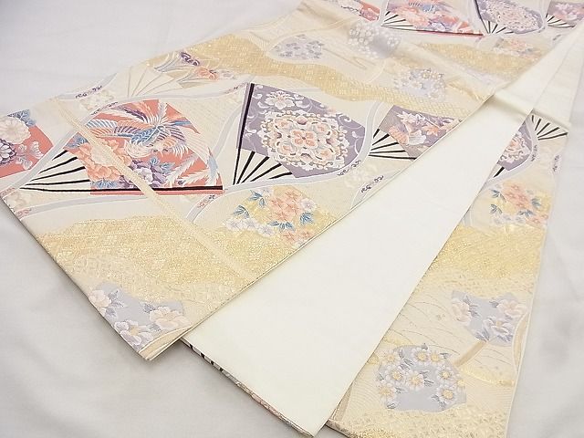 平和屋着物◎六通柄袋帯 唐織 立涌扇面花鳥文 金糸 逸品 BAAF1479qt