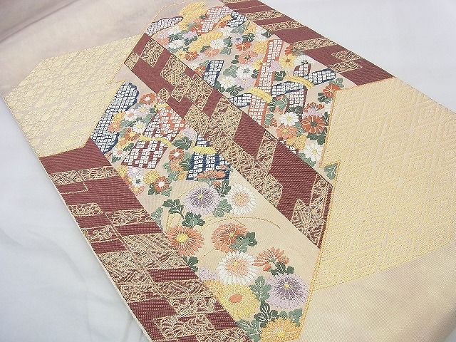 平和屋着物◎太鼓柄袋帯 唐織 草花文 金糸 逸品 BAAF0176th