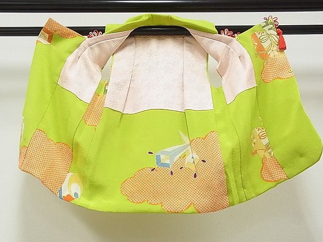 平和屋本店■希少 京都祇園の老舗 ぎをん齋藤 七五三 女の子 3歳 被布 鶸地 源氏雲宝散し 鬼しぼ縮緬 たとう紙付き 逸品 CYAA0198s4