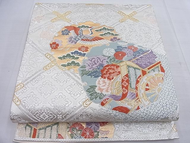 平和屋着物◎六通柄袋帯 唐織 雪輪御所車飛鶴花文 金糸 逸品 BAAF2658ea