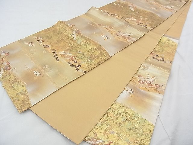 平和屋着物◎六通柄袋帯 唐織 みかけ錦 霞鶴菊草文 金糸 引箔 逸品 BAAF0586jm