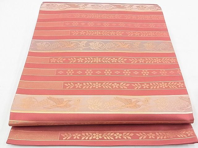 平和屋着物◎六通柄袋帯 横段花鳥文 金糸 逸品 BAAE9705ns
