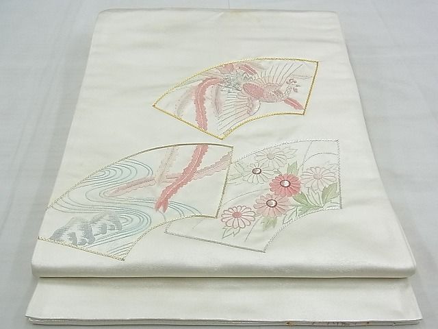 平和屋着物◎太鼓柄袋帯 駒刺繍 地紙重ね鳳凰花文 銀糸 逸品 BAAF7076ns