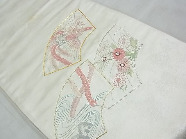 平和屋着物◎太鼓柄袋帯 駒刺繍 地紙重ね鳳凰花文 銀糸 逸品 BAAF7076ns