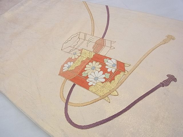 平和屋着物◎太鼓柄袋帯 駒刺繍 貝桶花文 金糸 逸品 BAAE9106ph