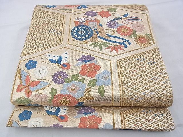 平和屋着物◎六通柄袋帯 唐織 花鳥亀甲文 金糸 逸品 BAAE9109ph