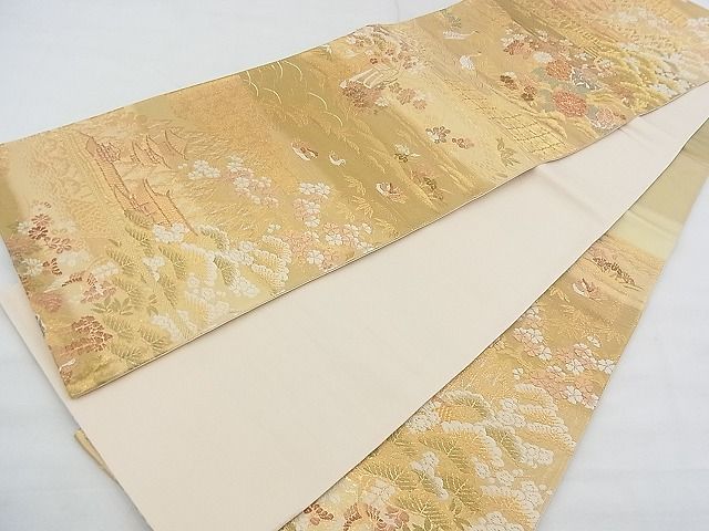 平和屋着物◎六通柄袋帯 唐織 風景草花文 金糸 逸品 BAAE9193ph