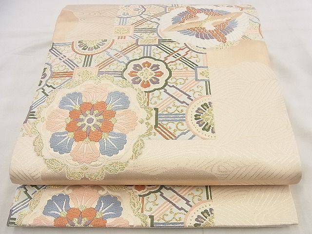平和屋着物◎六通柄袋帯 唐織 正倉院双鶴花文 金糸 逸品 BAAF8652qt