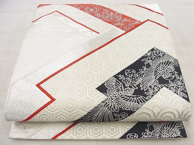 平和屋着物◎六通柄袋帯 唐織 松皮菱花鳥文 銀糸 逸品 BAAF8670qt