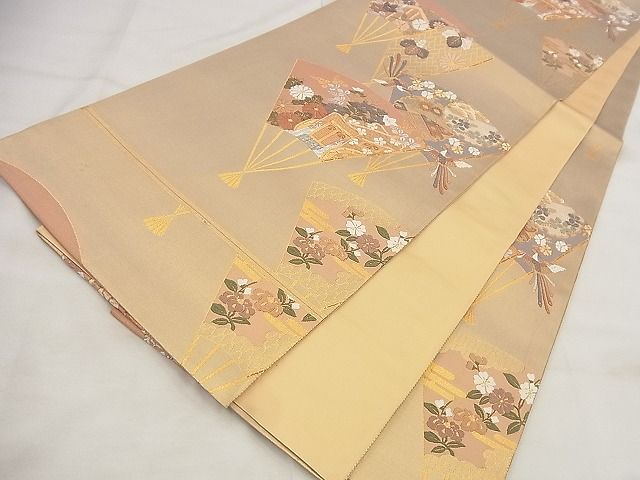 平和屋着物◎六通柄袋帯 唐織 扇面花鳥文 金糸 逸品 BAAF8765qt