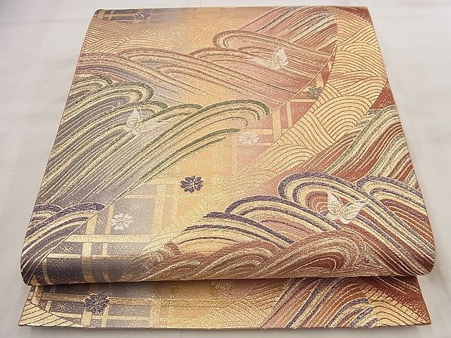 平和屋着物◎六通柄袋帯 唐織 流水花蝶文 金糸 逸品 BAAF8775qt