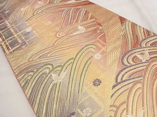 平和屋着物◎六通柄袋帯 唐織 流水花蝶文 金糸 逸品 BAAF8775qt
