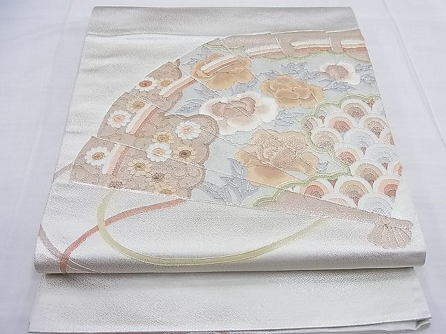 平和屋着物◎太鼓柄袋帯 駒刺繍 扇面花文 金糸 逸品 BAAF7604ea