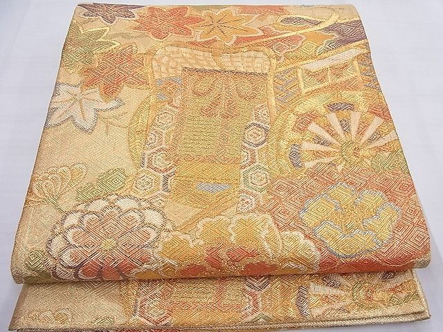 平和屋着物◎佐賀錦 六通柄袋帯 御所車花文 金糸 逸品 BAAF7622ea