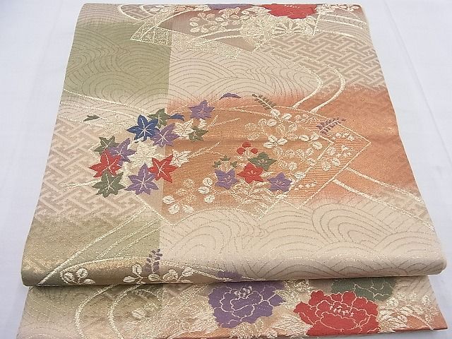 平和屋着物◎六通柄袋帯 唐織 地紙重ね花文 金糸 逸品 BAAF4572ea