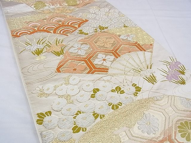 平和屋着物◎六通柄袋帯 唐織 扇面花文 金銀糸 逸品 BAAF4267xa