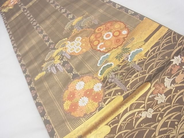 平和屋着物◎太鼓柄袋帯 唐織 雪輪エ霞草花文 金糸 逸品 BAAF7456wk