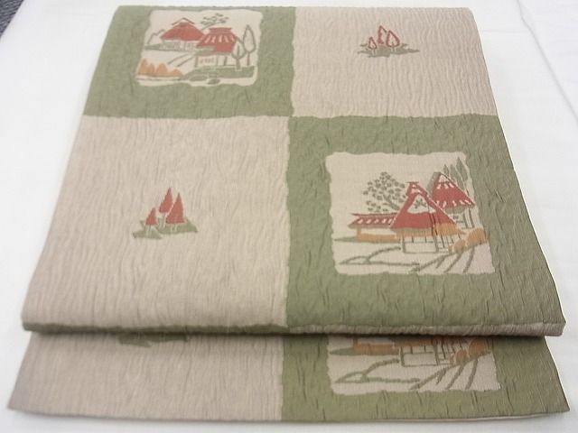 平和屋着物◎六通柄袋帯 ふくれ織 市松風景文 逸品 BAAF7458wk