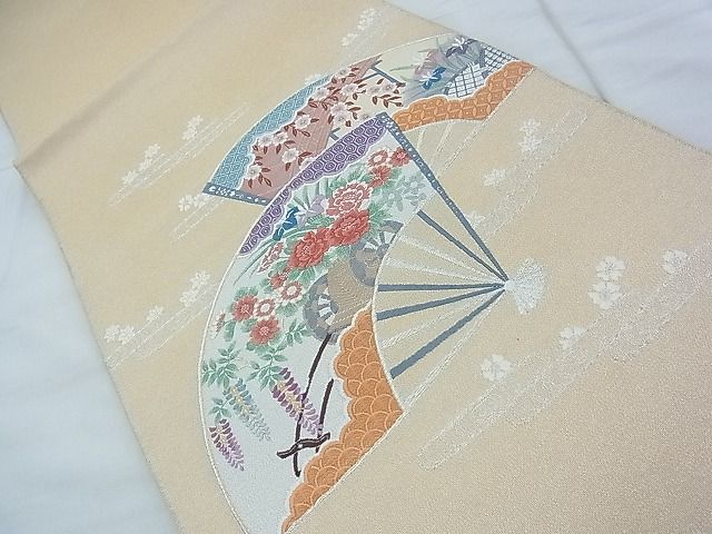 平和屋着物◎太鼓柄袋帯 唐織 綴れ 扇面花車文 金銀糸 逸品 BAAF7500wk
