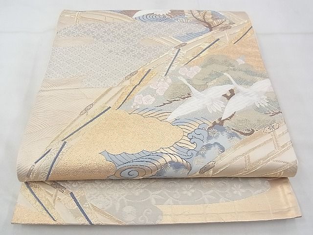 平和屋着物◎六通柄袋帯 唐織 飛鶴風景文 九百織 金銀糸 逸品 BAAF4336xa