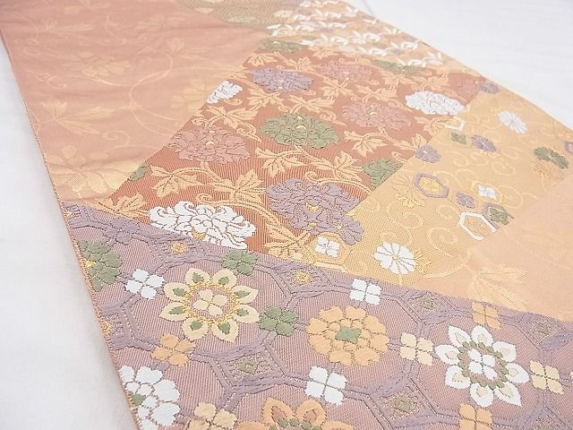 平和屋着物◎六通柄袋帯 唐織 切嵌草花文 金銀糸 逸品 BAAF4363xa
