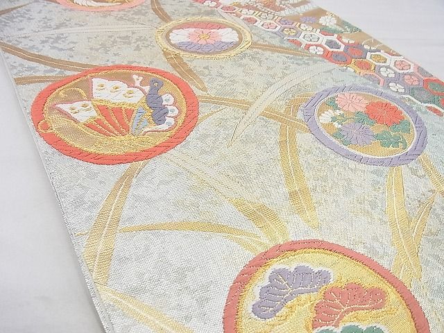 平和屋着物◎六通柄袋帯 唐織 花蝶丸文 金糸 引箔 逸品 BAAF4366xa