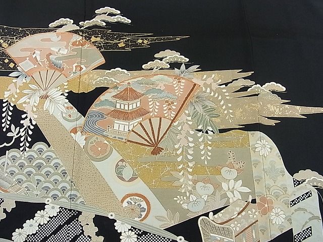 平和屋着物■豪華黒留袖 駒刺繍 扇面風景花文 金彩 逸品 DAAD4357we