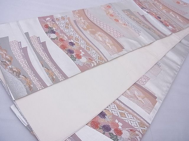 平和屋着物◎六通柄袋帯 唐織 熨斗飛鶴花文 金銀糸 逸品 BAAE8798cm