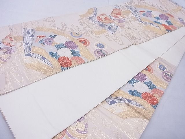平和屋着物◎六通柄袋帯 唐織 花地紙流し 金糸 逸品 BAAE8800cm