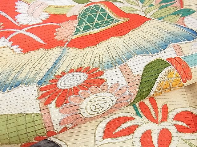 平和屋本店■希少 夏物 アンティーク 大正ロマン 振袖 絽 駒刺繍 渡橋風景花文 金彩 逸品 DZAA1188kh4