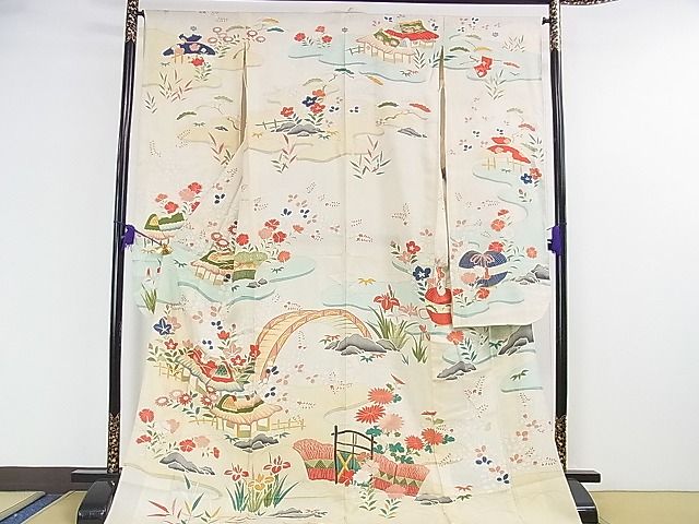 平和屋本店■希少 夏物 アンティーク 大正ロマン 振袖 絽 駒刺繍 渡橋風景花文 金彩 逸品 DZAA1188kh4