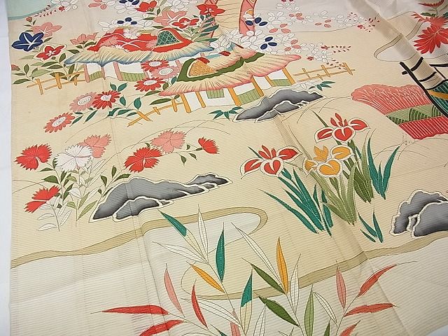 平和屋本店■希少 夏物 アンティーク 大正ロマン 振袖 絽 駒刺繍 渡橋風景花文 金彩 逸品 DZAA1188kh4