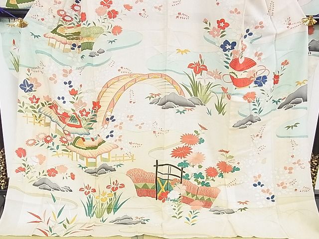 平和屋本店■希少 夏物 アンティーク 大正ロマン 振袖 絽 駒刺繍 渡橋風景花文 金彩 逸品 DZAA1188kh4