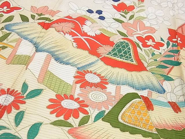 平和屋本店■希少 夏物 アンティーク 大正ロマン 振袖 絽 駒刺繍 渡橋風景花文 金彩 逸品 DZAA1188kh4