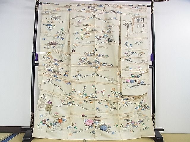 平和屋本店■希少 夏物 アンティーク 大正ロマン 振袖 絽 駒刺繍 手刺繍 流水花文 金銀彩 逸品 DZAA1189kh4